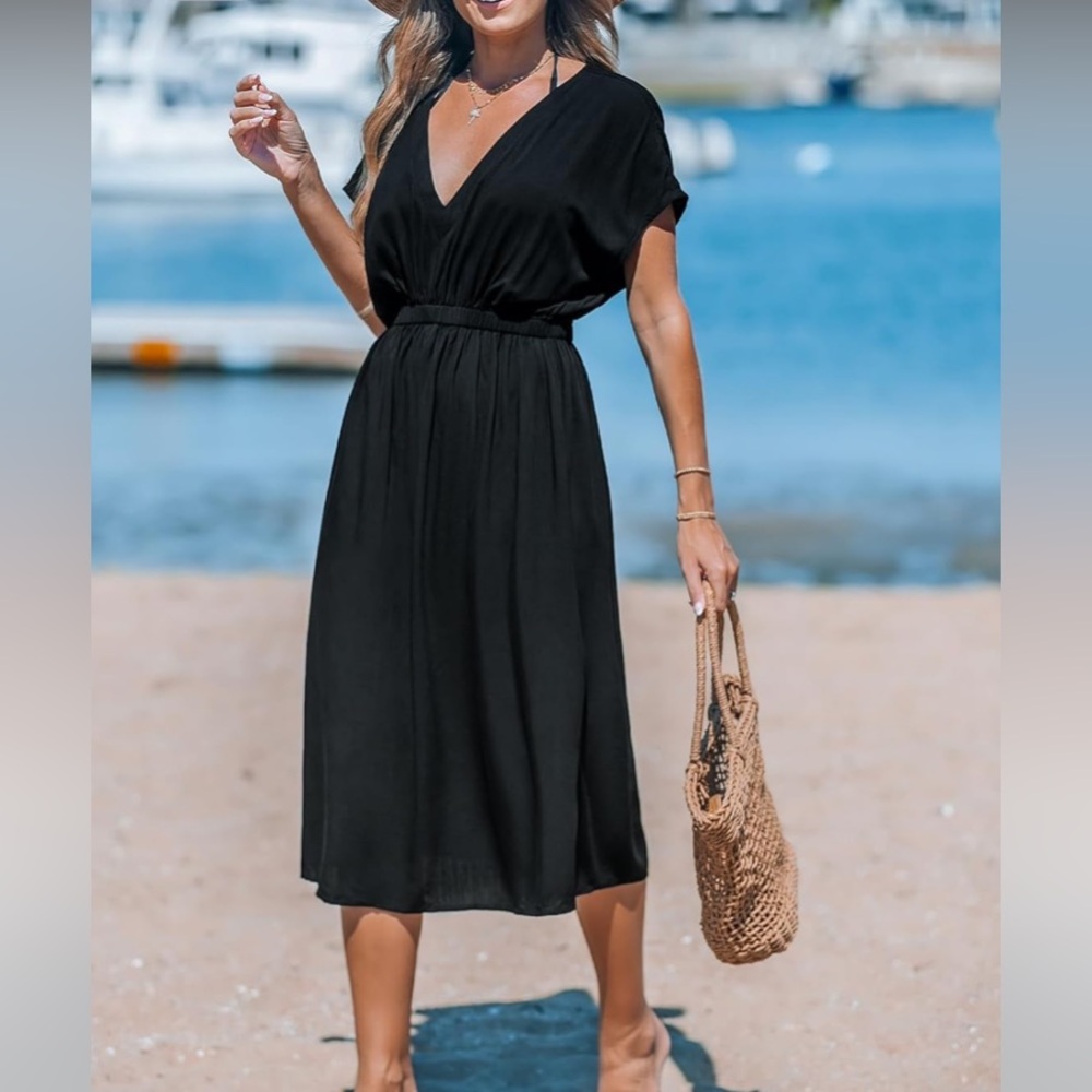~Women's Cover Up V Neck Midi Dress Short Sleeves XS~